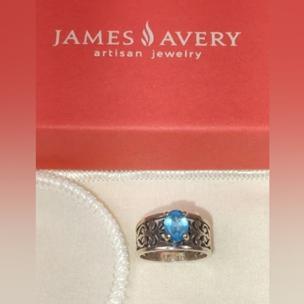 James Avery Elegant Blue Topaz Adoree Filigree Ring   Size 5.5